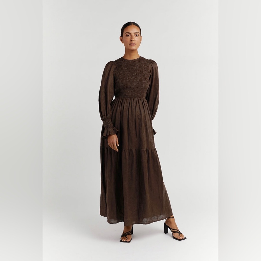 Jorja dark choc linen midi dress